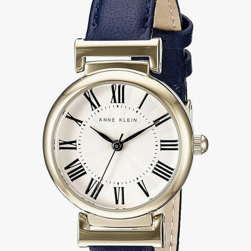 Anne Klein Navy and Gold Round Dial Leather Strap Watch